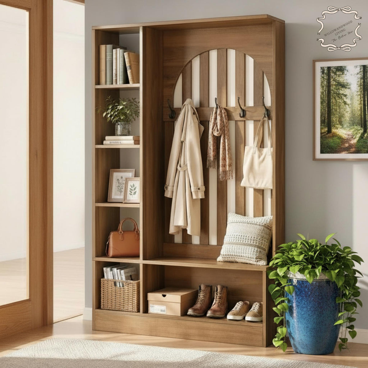 Farmhouse Hall Tree With Bench Coat Rack Shoe Storage Entryway Organizer