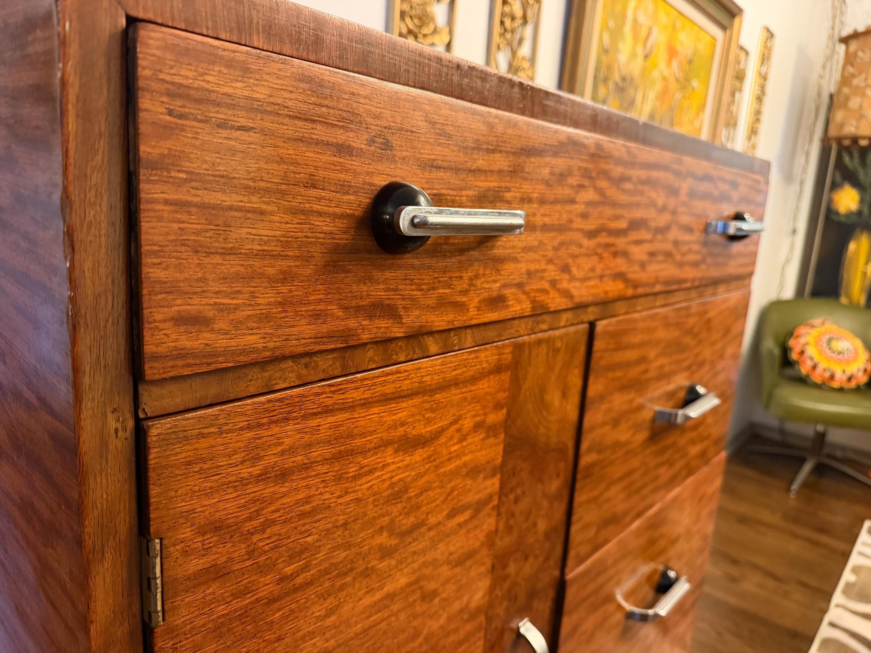1940s Art Deco Williamsport Tiger Wood Streamline Highboy Dresser with Cabinet