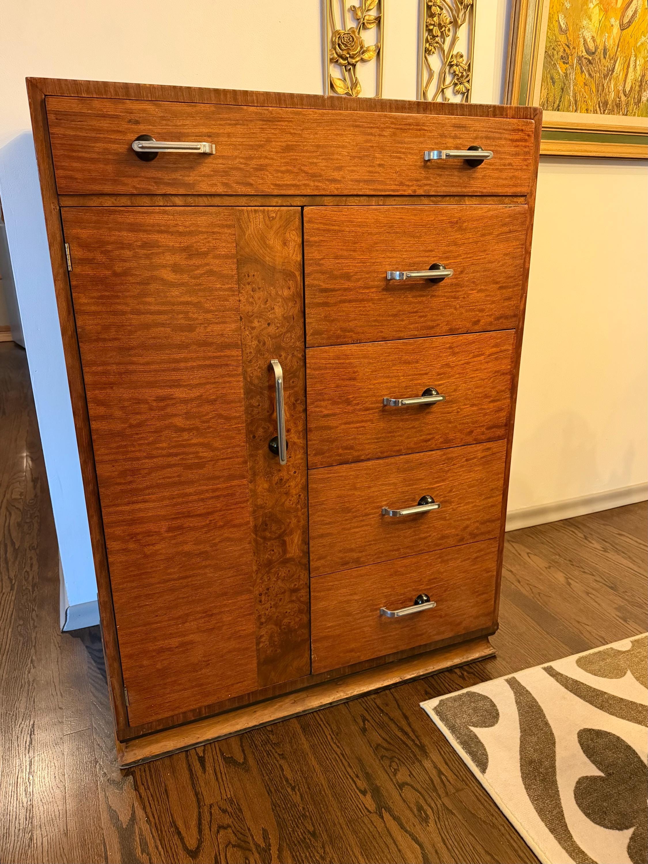 1940s Art Deco Williamsport Tiger Wood Streamline Highboy Dresser with Cabinet