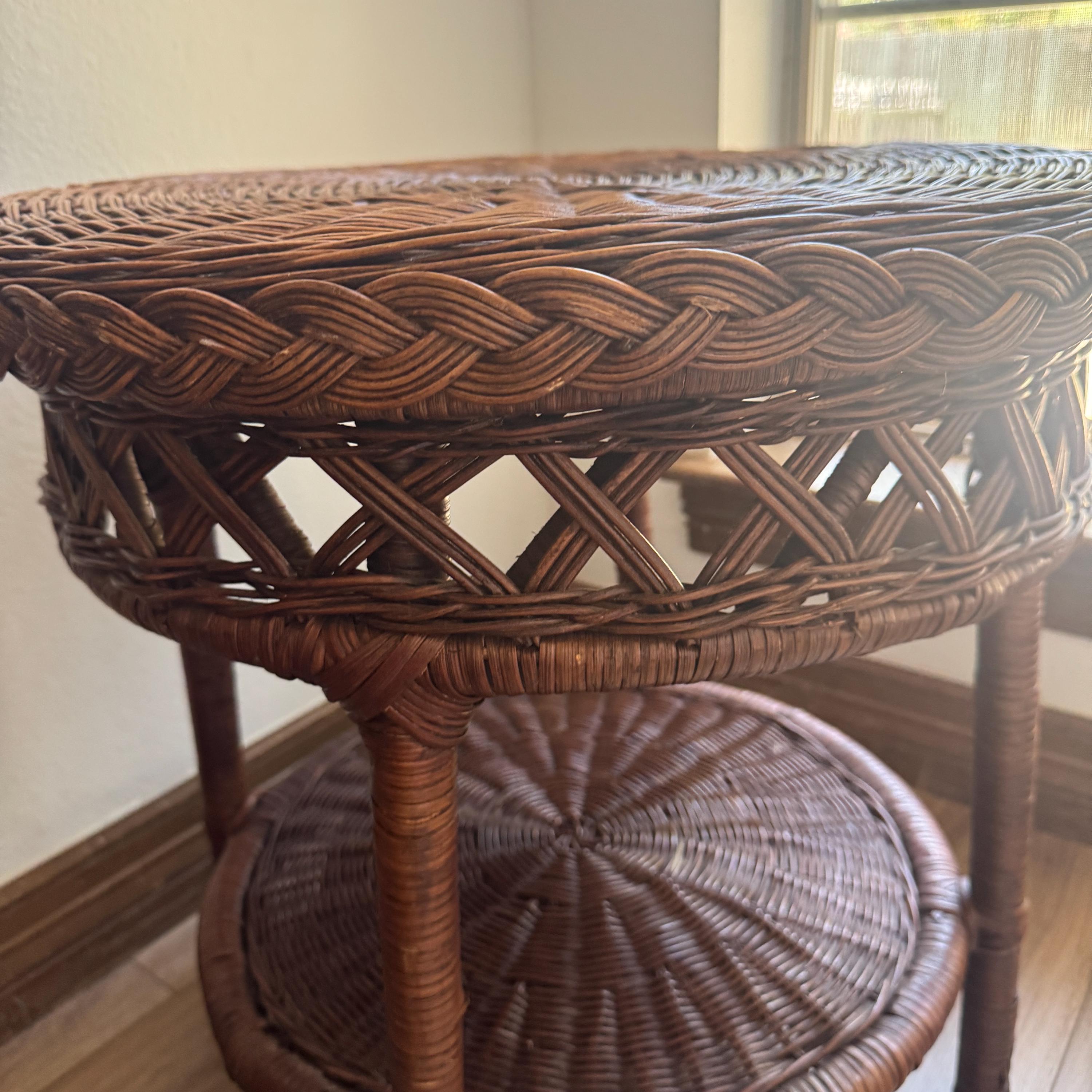 Vintage Rattan Wicker Side Table 22 Inch Round Braided Two Tier End Table