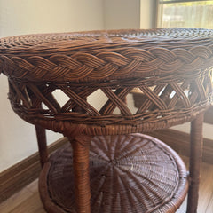 Vintage Rattan Wicker Side Table 22 Inch Round Braided Two Tier End Table