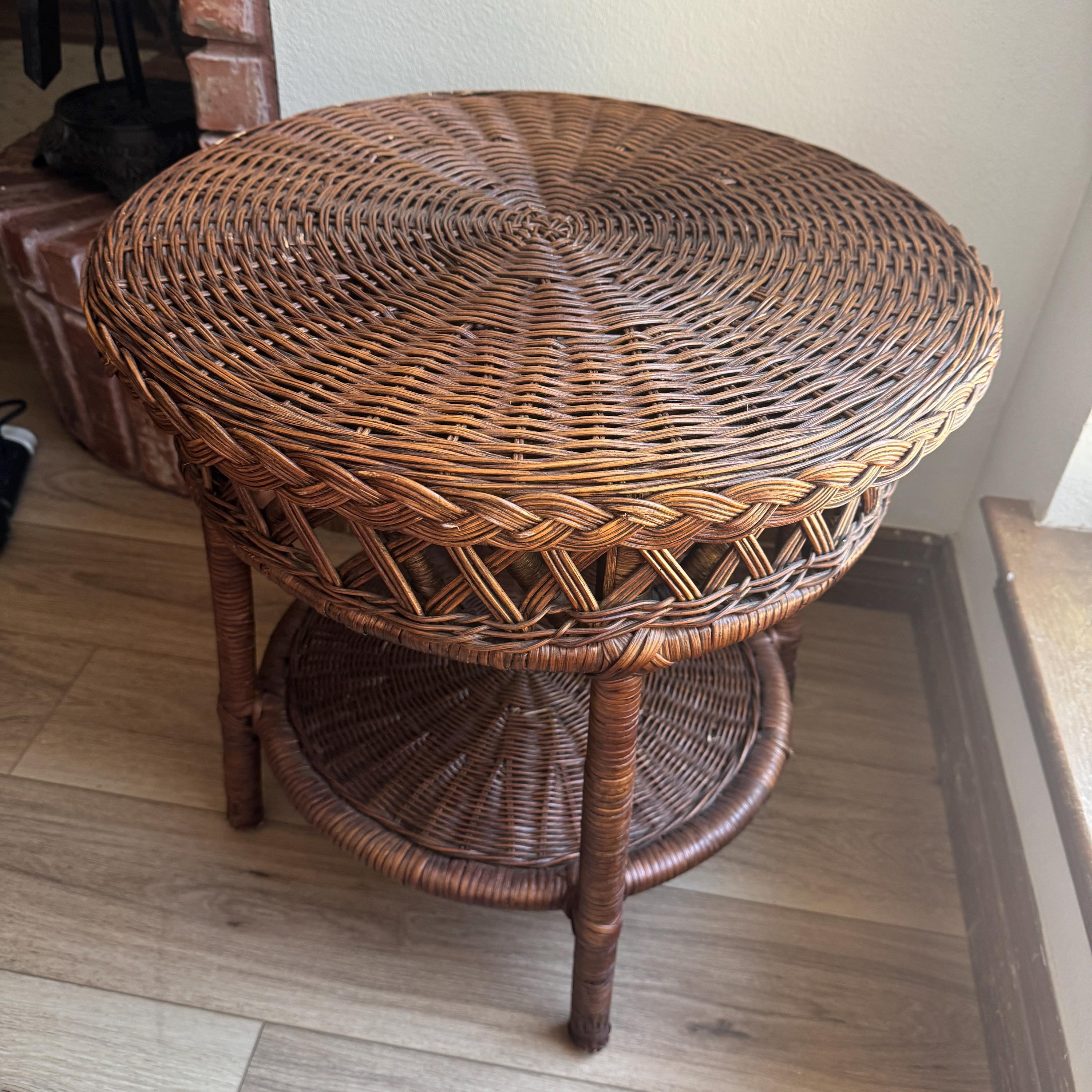Vintage Rattan Wicker Side Table 22 Inch Round Braided Two Tier End Table